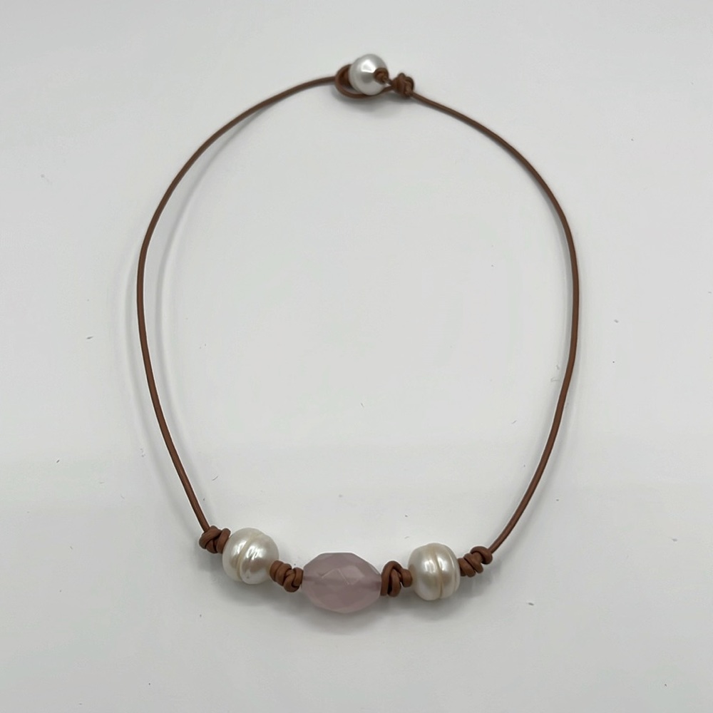 Rose Quartz Cut Crystal and Pearl Choker